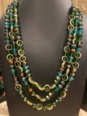 Multi-Strand Green and Blue Crystals Necklace.